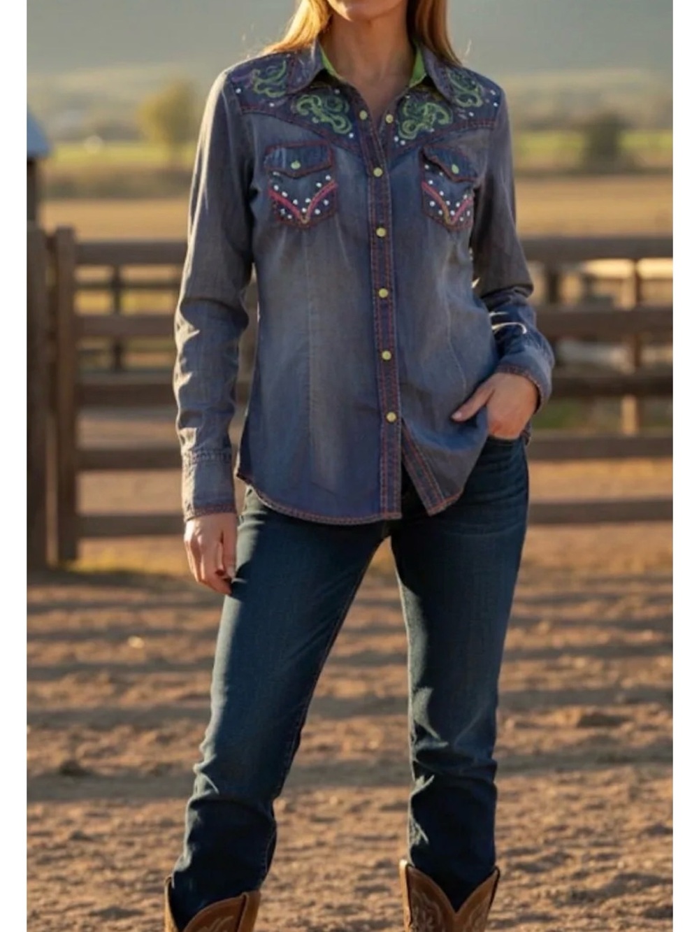 Roar Blue Denim Western Button-Down Shirt with Green & Pink Embroidery